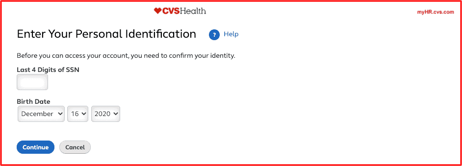 Enter your 4-digit SSN code and birth date in the provided fields to continue with the MyHR CVS registration process